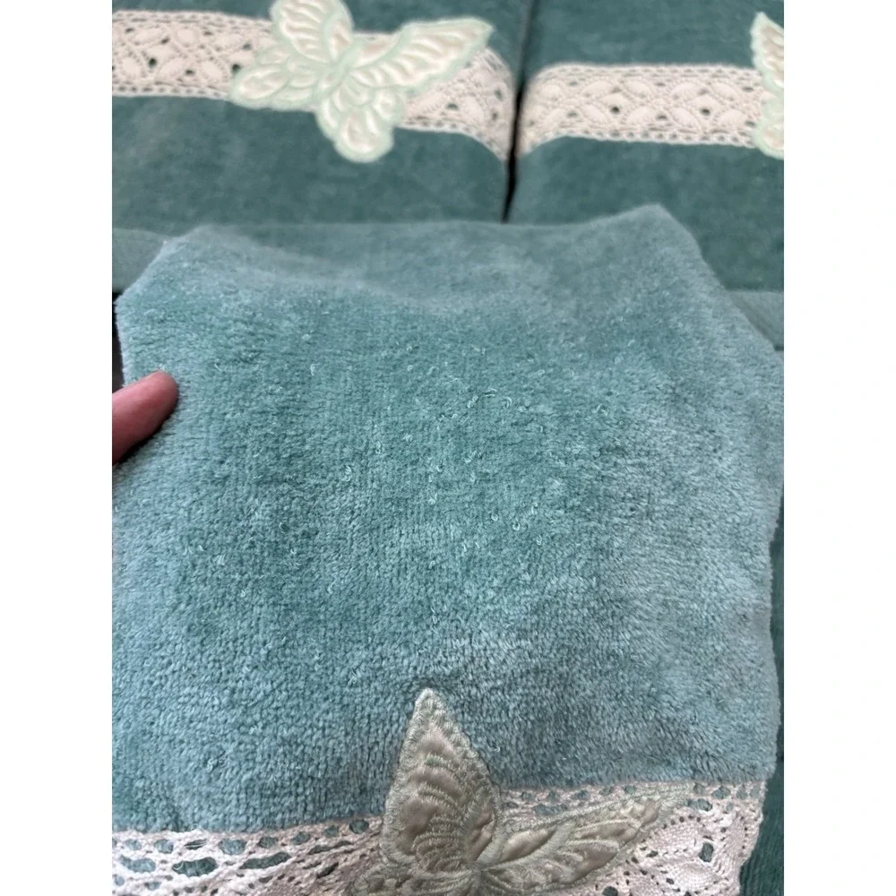 Vintage Butterfly Set 2 Wash Cloth 2 Hand 2 Bath‎ Lot Teal Blue Good Condition